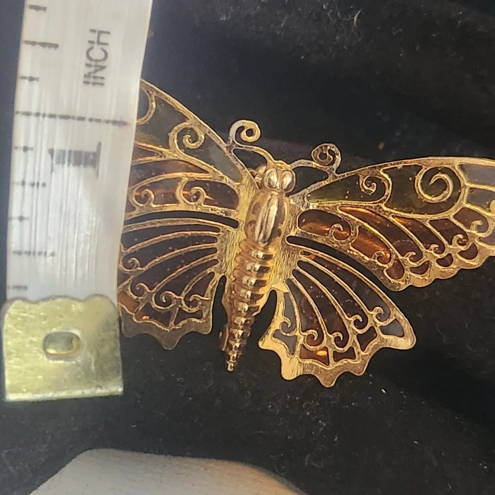 Avon Vintage Butterfly Brooch Gold Tone Amber Yellow Stained Glass Enamel Pin